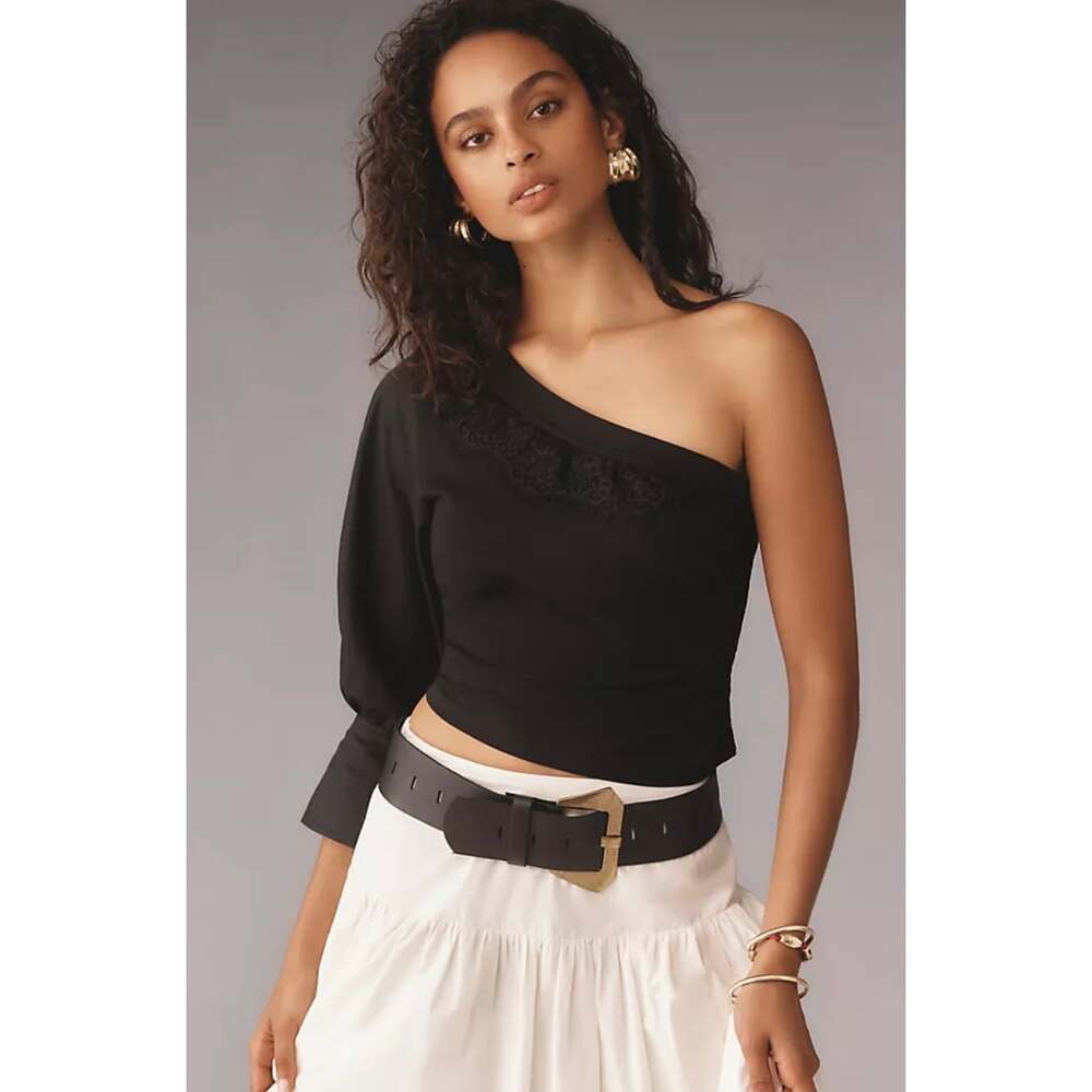 Anthropologie One Shoulder Puff Sleeve Top Blouse Black Lace Size Small